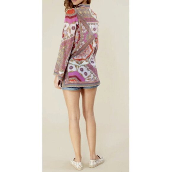 HALE BOB Joanna Voile Fuchsia Beaded Long Flared Sleeve Tunic Top Blouse - Picture 2 of 12